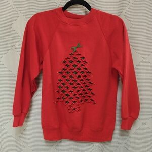 Red Hanes Activewear Sweatshirt Crewneck Christmas Tree Cutout Handmade Small